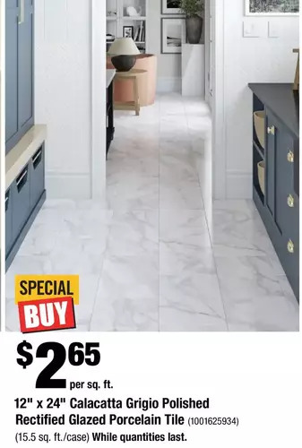 Home Depot 12" x 24" calacatta grigio polished rectified glazed porcelain tile offer