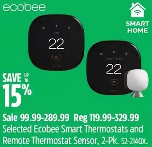Canadian Tire Ecobee smart thermostats and remote thermostat sensor offer
