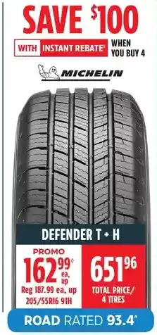 Canadian Tire Michelin defender t + h offer