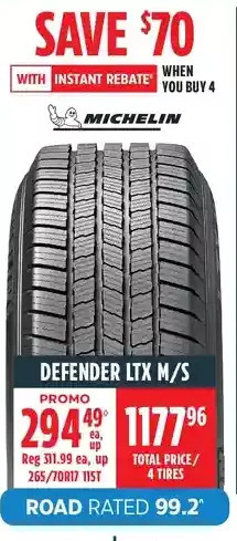 Canadian Tire Michelin defender ltx m/s tire offer