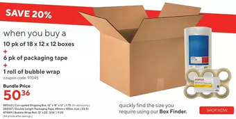 Staples Corrugated shipping box | double length packaging tape | bubble wrap roll offer