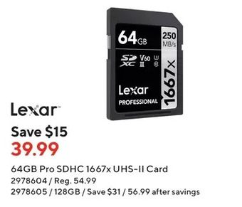 Staples Lexar 64gb pro sdhc 1667x uhs-ii card | 128gb offer