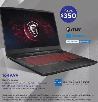 Staples Msi gaming laptop offer