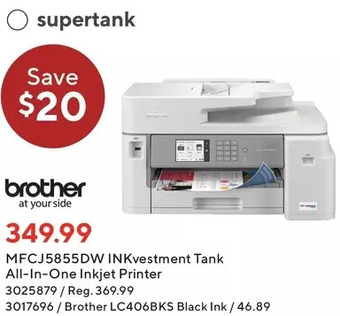 Staples Brother mfcj5855dw inkvestment tank all-in-one inkjet printer | lc406bks black ink offer