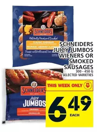 Food Basics Schneiders juicy jumbos wieners or smoked sausages offer