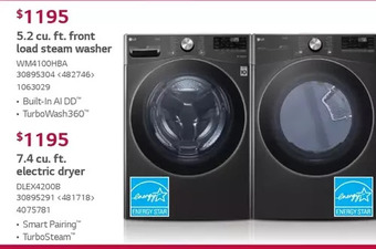 Lowe's Lg 5.2 cu. ft. front load steam washer | 7.4 cu. ft. electric dryer offer