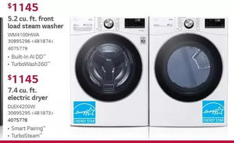 Lowe's Lg 5.2 cu. ft. front load steam washer | 7.4 cu. ft. electric dryer offer