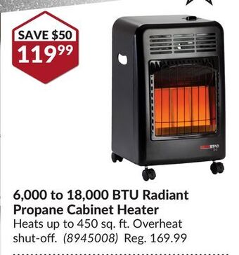 Princess Auto 6, 000 to 18, 000 btu radiant propane cabinet heater offer
