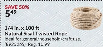 Princess Auto 1/4 in. x 100 ft natural sisal twisted rope offer
