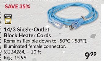 Princess Auto 14/3 single-outlet block heater cords offer