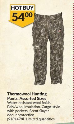 Princess Auto Thermowool hunting pants, assorted sizes offer