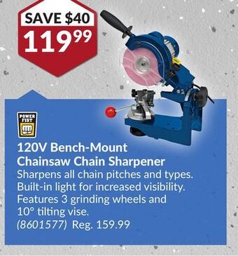 Princess Auto 120v bench-mount chainsaw chain sharpener sharpens offer