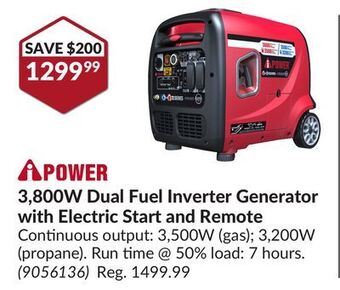 Princess Auto 3,800w dual fuel inverter generator with electric start and remote offer