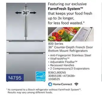 RONA Bosch 800 series 36" counter-depth french door bottom mount refrigerators offer