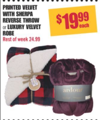 Shoppers Drug Mart Printed velvet with sherpa reverse throw or luxury velvet robe offer