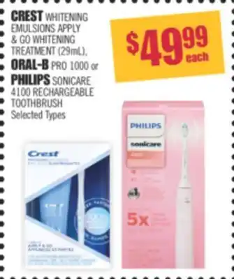 Shoppers Drug Mart Crest whitening emulsions apply & go whitening treatment (29ml), oral-b pro 1000 or philips sonicare 4100 rechargeable toothb offer