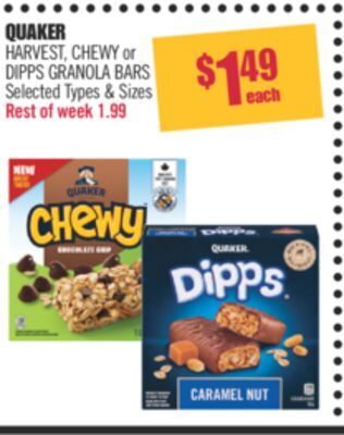 Shoppers Drug Mart Quaker harvest, chewy or dipps granola bars offer