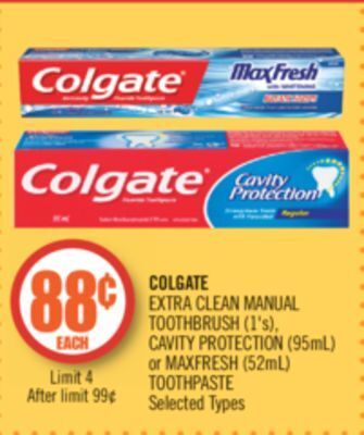 Shoppers Drug Mart Colgate extra clean manual toothbrush (1's), cavity protection (95ml) or maxfresh (52ml) toothpaste offer