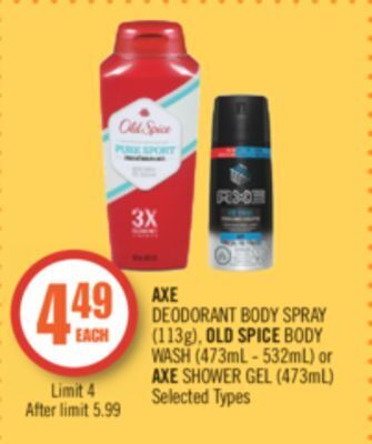 Shoppers Drug Mart Axe deodorant body spray (113g), old spice body wash (473ml - 532ml) or axe shower gel (473ml) offer