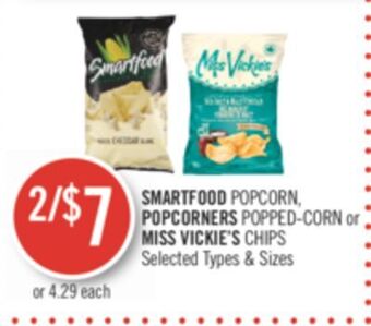 Shoppers Drug Mart Smartfood popcorn, popcorners popped-corn or miss vickie's chips offer