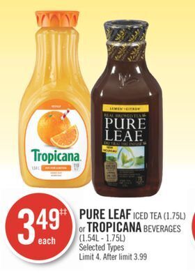 Shoppers Drug Mart Pure leaf iced tea (1.75l) or tropicana beverages (1.54l - 1.75l) offer