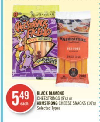Shoppers Drug Mart Black diamond cheestrings (8's) or armstrong cheese snacks (10's) offer