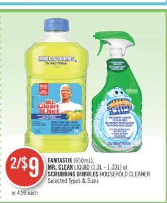 Shoppers Drug Mart Fantastik (650ml), mr. clean liquid (1.3l - 1.33l) or scrubbing bubbles household cleaner offer