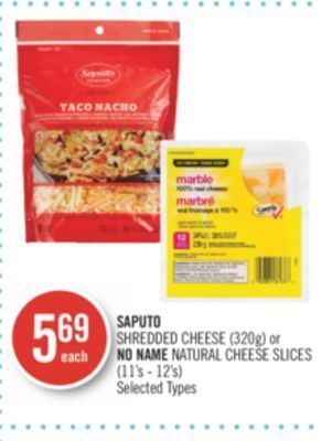 Shoppers Drug Mart Saputo shredded cheese (320g) or no name natural cheese slices (11's - 12's) offer