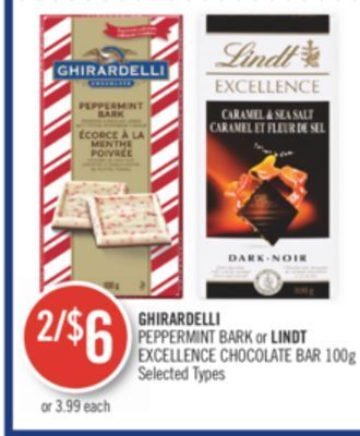 Shoppers Drug Mart Ghirardelli peppermint bark or lindt excellence chocolate bar offer