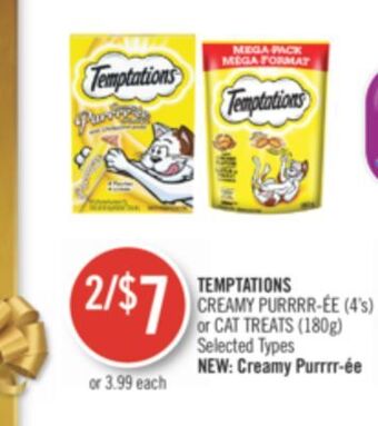 Shoppers Drug Mart Temptations creamy purrrr-ée (4's) or cat treats (180g) offer