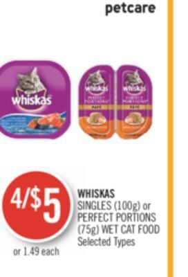 Shoppers Drug Mart Whiskas singles (100g) or perfect portions (75g) wet cat food offer