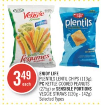 Shoppers Drug Mart Enjoy life plentils lentil chips (113g), pc kettle cooked peanuts (275g) or sensible portions veggie straws (120g - 142g) offer