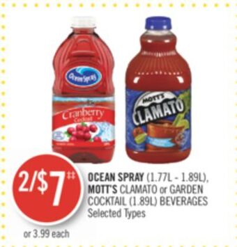 Shoppers Drug Mart Ocean spray (1.77l - 1.89l), mott's clamato or garden cocktail (1.89l) beverages offer