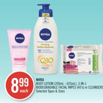 Shoppers Drug Mart Nivea body lotion (200ml - 625ml), 3-in-1 biodegradable facial wipes (40's) or cleansers offer