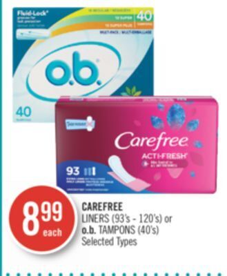 Shoppers Drug Mart Carefree liners (93's - 120's) or o.b. tampons (40's) offer