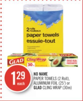 Shoppers Drug Mart No name paper towels (2 roll), aluminum foil (25') or glad cling wrap (30m) offer