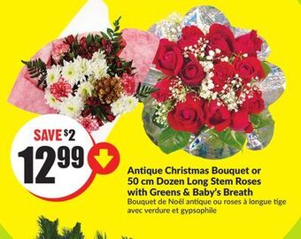 FreshCo Antique christmas bouquet or 50 cm dozen long stem roses with greens & baby's breath offer