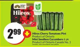 Chalo FreshCo Hiiros cherry tomatoes pint product of ontario mini seedless cucumbers 6 pk product of ontario canada no. 1 offer