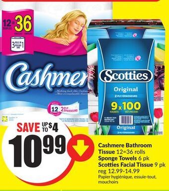 Chalo FreshCo Cashmere bathroom tissue 12 = 36 rolls sponge towels 6 pk scotties facial tissue 9 pk offer