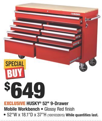 Home Depot Husky® 52" 9-drawer mobile workbench offer