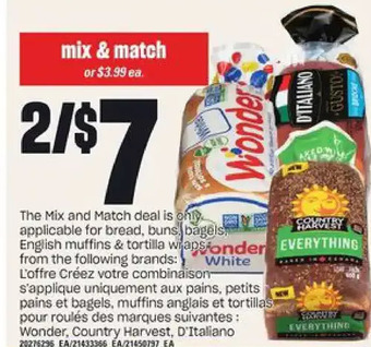 Valu-mart Wonder, country harvest, d'italiano bread, buns, bagels, english muffins & tortilla wraps offer