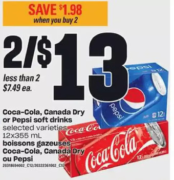 Valu-mart Coca-cola, canada dry or pepsi soft drinks offer
