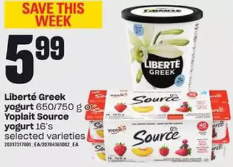 Loblaws Liberté greek yogurt or yoplait source yogurt offer