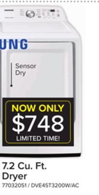 Leon's Samsung white electric dryer with sensor dry (7.2 cu.ft) - dve45t3200w/ac offer