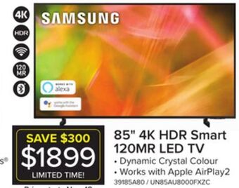 Leon's Samsung 85" 4k hdr smart 120mr led tv - un85au8000fxzc offer