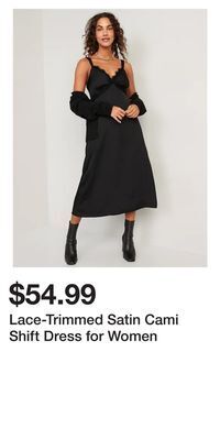 Lace-trimmed satin cami shift dress for women