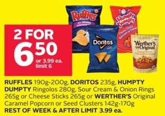 Rexall Ruffles 190g-200g, doritos 235g, humpty dumpty ringolos 280g, sour cream & onion rings 265g or cheese sticks 265g or werther' offer