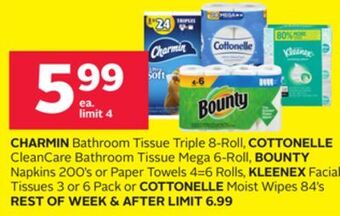 Rexall Charmin bathroom tissue triple 8-roll, cottonelle cleancare bathroom tissue mega 6-roll, bounty napkins 200' s or paper towel offer