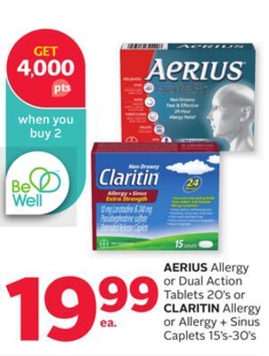 Rexall Aerius allergy or dual action tablets 20' s or claritin allergy or allergy + sinus caplets 15' s-30' s offer