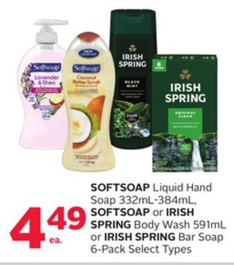 Rexall Softsoap liquid hand soap 332ml-384ml, softsoap or irish spring body wash 591ml or irish spring bar soap 6-pack offer
